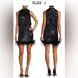 Eliza J Sequin Mock Neck Sleeveless BlousonFeather Trim Sheath Dress,  Size 6